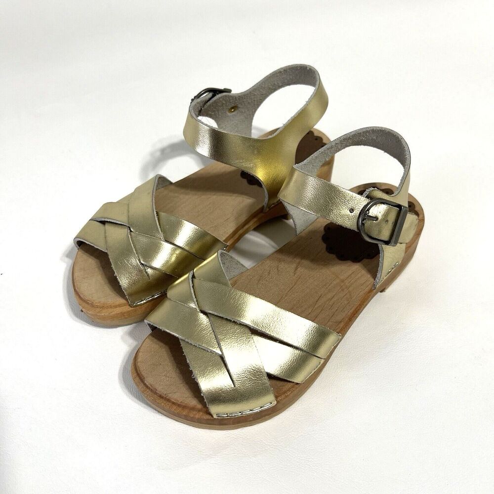 HANNA ANDERSSON Sandals Youth Girl Gold Leather Crisscross Strap Wooden US 1
